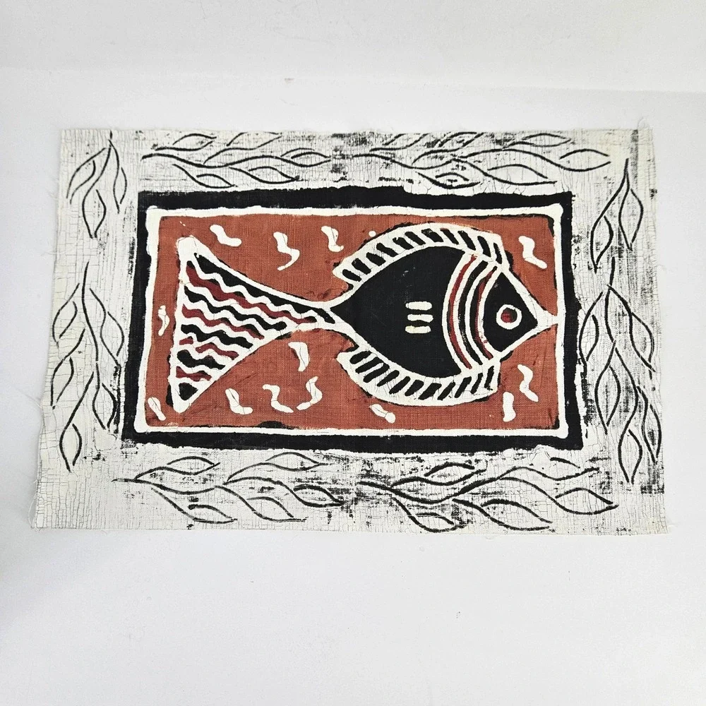 Vintage African‎ Painted? Fabric Panels Set of 5 Guinea Fowl Lizard Abstract Art